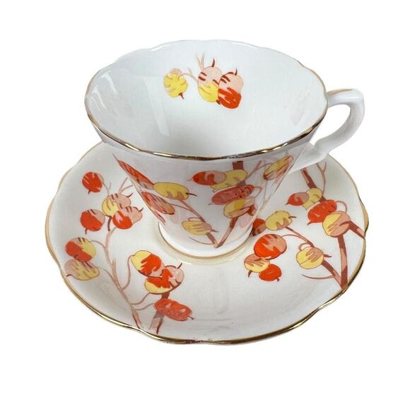 Gladstone Bone China Cup Saucer England Persimmon Fruit Scalloped Rim Gilded - Picture 10 of 14